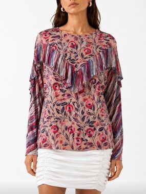 ANTHROPOLOGIE BLANK LONDON Floral Fringe Long-Sleeve Top in Pink Size Small